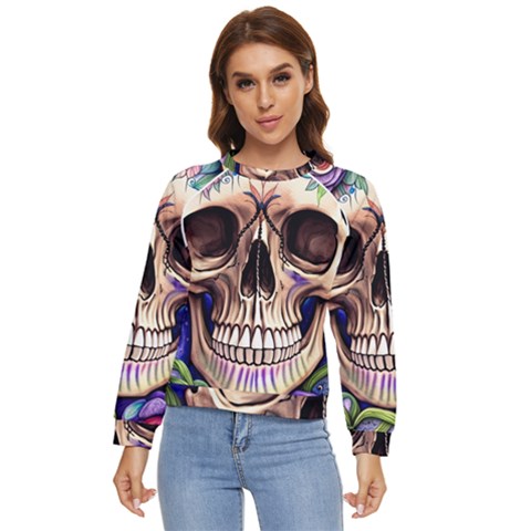 Retro Gothic Skull With Flowers - Cute And Creepy Women s Long Sleeve Raglan Tee by GardenOfOphir