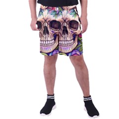 Retro Gothic Skull With Flowers - Cute And Creepy Men s Pocket Shorts by GardenOfOphir