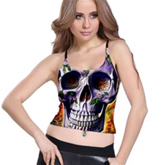 Cute Sugar Skull With Flowers - Day Of The Dead Spaghetti Strap Bra Top by GardenOfOphir