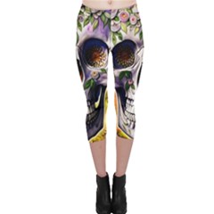 Cute Sugar Skull With Flowers - Day Of The Dead Capri Leggings  by GardenOfOphir