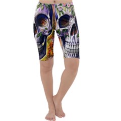 Cute Sugar Skull With Flowers - Day Of The Dead Cropped Leggings  by GardenOfOphir