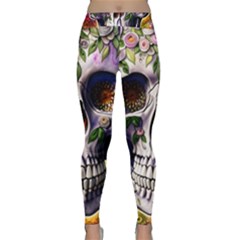 Cute Sugar Skull With Flowers - Day Of The Dead Classic Yoga Leggings by GardenOfOphir