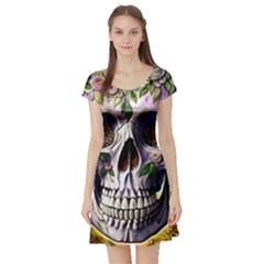 Cute Sugar Skull With Flowers - Day Of The Dead Short Sleeve Skater Dress by GardenOfOphir