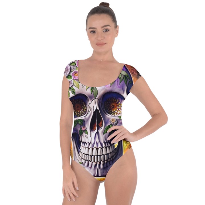 Cute Sugar Skull With Flowers - Day Of The Dead Short Sleeve Leotard 