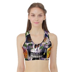 Cute Sugar Skull With Flowers - Day Of The Dead Sports Bra With Border by GardenOfOphir