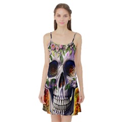 Cute Sugar Skull With Flowers - Day Of The Dead Satin Night Slip by GardenOfOphir