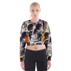 Cute Sugar Skull With Flowers - Day Of The Dead Cropped Sweatshirt