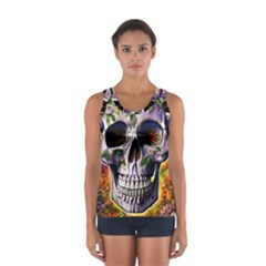 Cute Sugar Skull With Flowers - Day Of The Dead Sport Tank Top  by GardenOfOphir