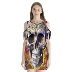 Cute Sugar Skull With Flowers - Day Of The Dead Shoulder Cutout Velvet One Piece