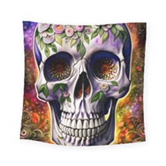 Cute Sugar Skull With Flowers - Day Of The Dead Square Tapestry (small)