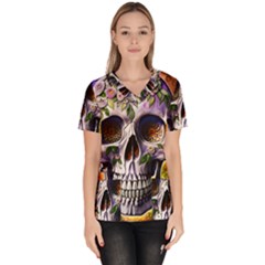 Cute Sugar Skull With Flowers - Day Of The Dead Women s V-neck Scrub Top by GardenOfOphir