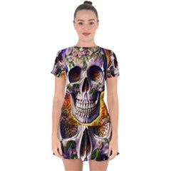 Cute Sugar Skull With Flowers - Day Of The Dead Drop Hem Mini Chiffon Dress by GardenOfOphir