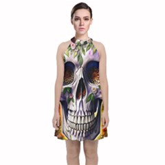 Cute Sugar Skull With Flowers - Day Of The Dead Velvet Halter Neckline Dress 