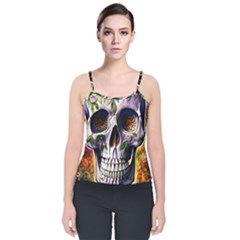 Cute Sugar Skull With Flowers - Day Of The Dead Velvet Spaghetti Strap Top by GardenOfOphir