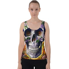 Cute Sugar Skull With Flowers - Day Of The Dead Velvet Tank Top by GardenOfOphir