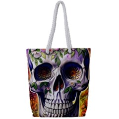 Cute Sugar Skull With Flowers - Day Of The Dead Full Print Rope Handle Tote (small) by GardenOfOphir