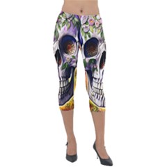 Cute Sugar Skull With Flowers - Day Of The Dead Lightweight Velour Capri Leggings  by GardenOfOphir