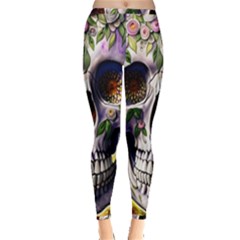 Cute Sugar Skull With Flowers - Day Of The Dead Inside Out Leggings by GardenOfOphir