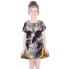 Cute Sugar Skull With Flowers - Day Of The Dead Kids  Simple Cotton Dress