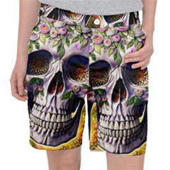 Cute Sugar Skull With Flowers - Day Of The Dead Women s Pocket Shorts by GardenOfOphir