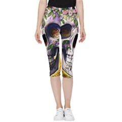 Cute Sugar Skull With Flowers - Day Of The Dead Inside Out Lightweight Velour Capri Leggings  by GardenOfOphir