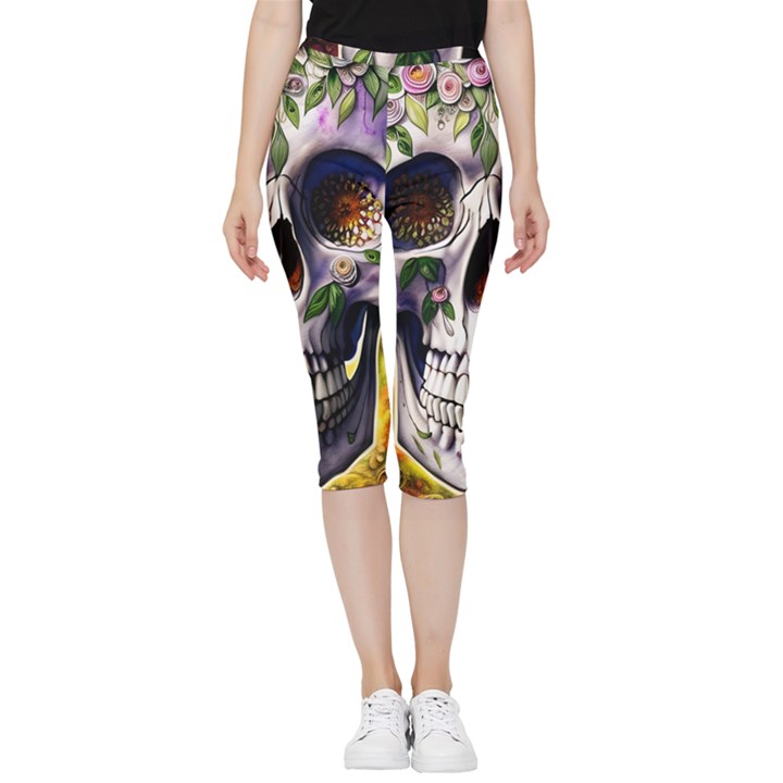 Cute Sugar Skull With Flowers - Day Of The Dead Inside Out Lightweight Velour Capri Leggings 