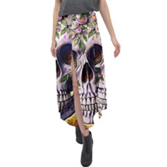 Cute Sugar Skull With Flowers - Day Of The Dead Velour Split Maxi Skirt by GardenOfOphir