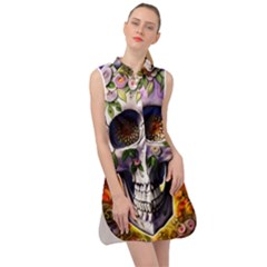 Cute Sugar Skull With Flowers - Day Of The Dead Sleeveless Shirt Dress by GardenOfOphir