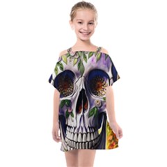 Cute Sugar Skull With Flowers - Day Of The Dead Kids  One Piece Chiffon Dress by GardenOfOphir