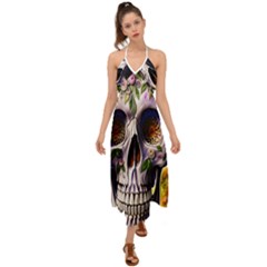 Cute Sugar Skull With Flowers - Day Of The Dead Halter Tie Back Dress  by GardenOfOphir