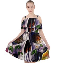 Cute Sugar Skull With Flowers - Day Of The Dead Cut Out Shoulders Chiffon Dress by GardenOfOphir