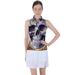 Cute Sugar Skull With Flowers - Day Of The Dead Women s Sleeveless Polo Tee by GardenOfOphir