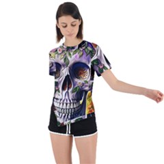 Cute Sugar Skull With Flowers - Day Of The Dead Asymmetrical Short Sleeve Sports Tee by GardenOfOphir