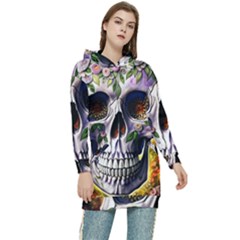 Cute Sugar Skull With Flowers - Day Of The Dead Women s Long Oversized Pullover Hoodie