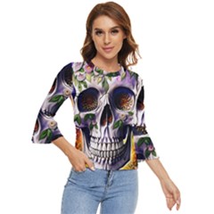 Cute Sugar Skull With Flowers - Day Of The Dead Bell Sleeve Top