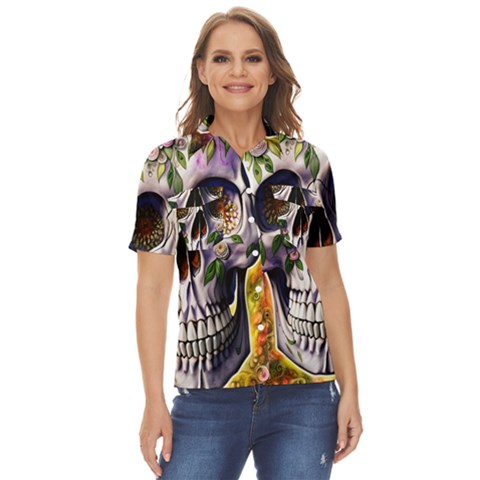 Cute Sugar Skull With Flowers - Day Of The Dead Women s Short Sleeve Double Pocket Shirt by GardenOfOphir