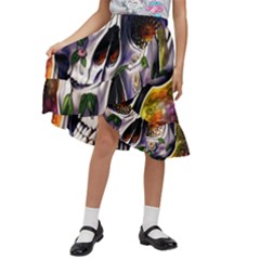 Cute Sugar Skull With Flowers - Day Of The Dead Kids  Ruffle Flared Wrap Midi Skirt