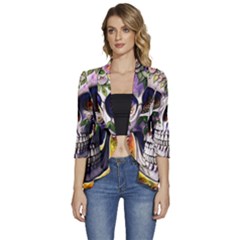 Cute Sugar Skull With Flowers - Day Of The Dead Women s 3/4 Sleeve Ruffle Edge Open Front Jacket