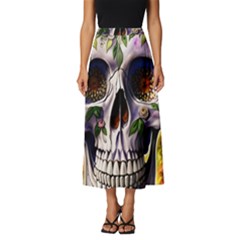 Cute Sugar Skull With Flowers - Day Of The Dead Classic Midi Chiffon Skirt