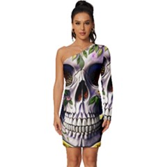 Cute Sugar Skull With Flowers - Day Of The Dead Long Sleeve One Shoulder Mini Dress