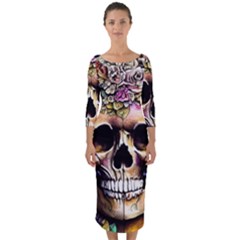 Skeleton Skull Cottagecore Quarter Sleeve Midi Bodycon Dress by GardenOfOphir