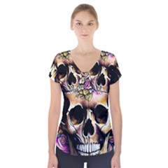 Skeleton Skull Cottagecore Short Sleeve Front Detail Top by GardenOfOphir