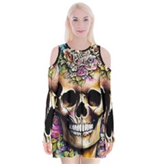 Skeleton Skull Cottagecore Velvet Long Sleeve Shoulder Cutout Dress