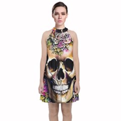 Skeleton Skull Cottagecore Velvet Halter Neckline Dress 