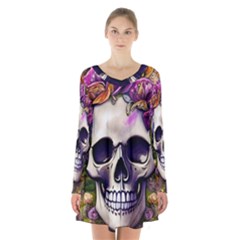 Cute Skulls And Bones Long Sleeve Velvet V-neck Dress