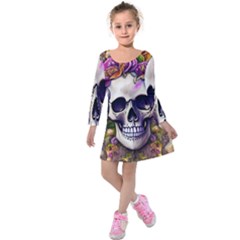 Cute Skulls And Bones Kids  Long Sleeve Velvet Dress