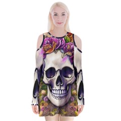 Cute Skulls And Bones Velvet Long Sleeve Shoulder Cutout Dress