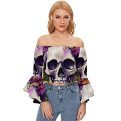 Cute Skulls And Bones Off Shoulder Flutter Bell Sleeve Top