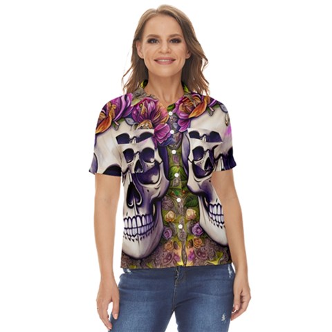 Cute Skulls And Bones Women s Short Sleeve Double Pocket Shirt by GardenOfOphir