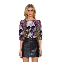 Cute Skulls And Bones Mid Sleeve Drawstring Hem Top